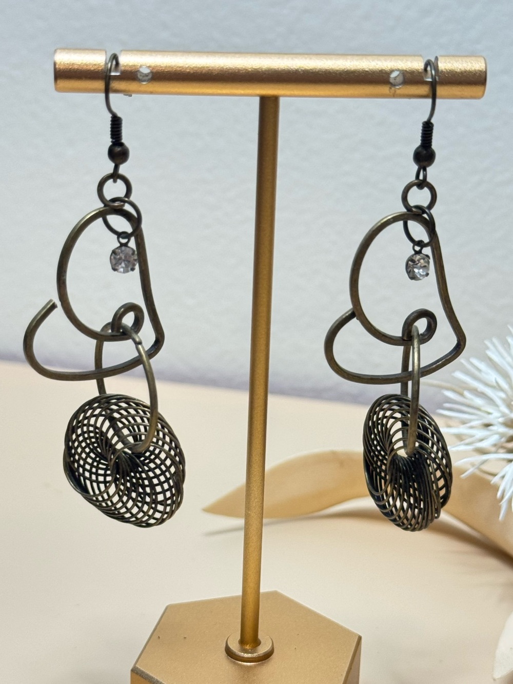 Brass Tone Abstract Heart Wire Swirl Dangle Pierced Earrings